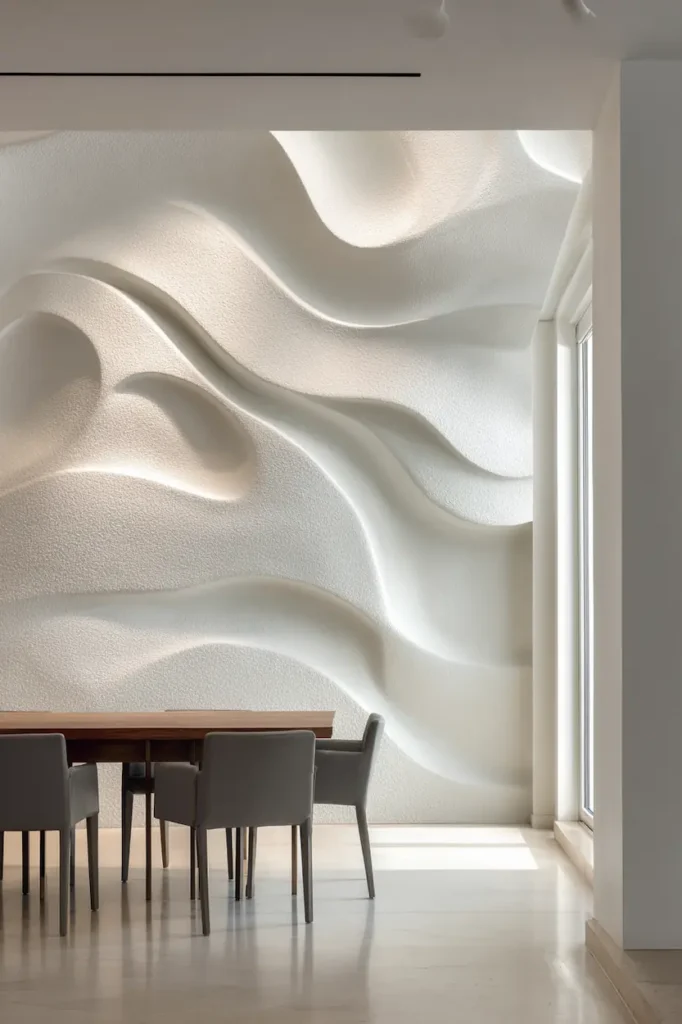 A modern room where white textured wave wall art transforms an empty wall into a calm focal point.