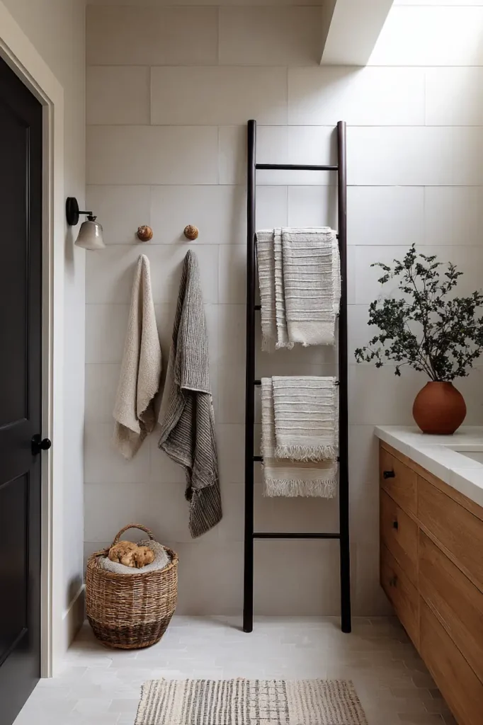 Functional bathroom wall decor ideas with towel hooks.