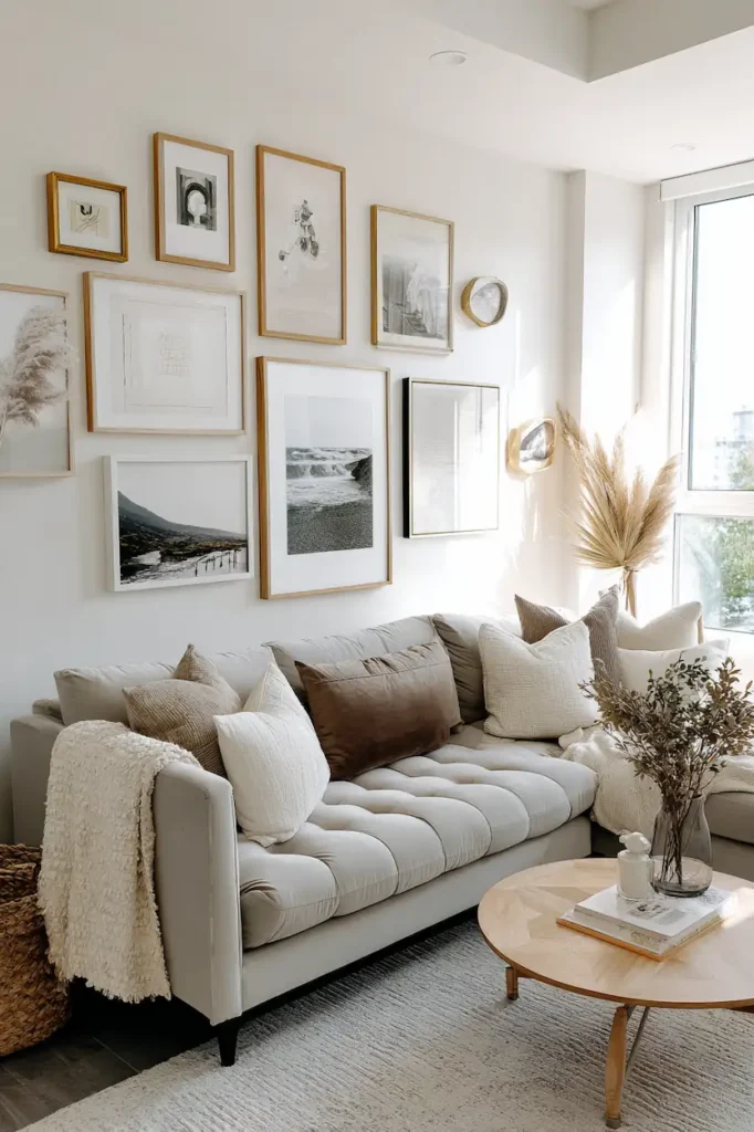 Gallery wall arrangement creating stylish living room wall decor ideas.