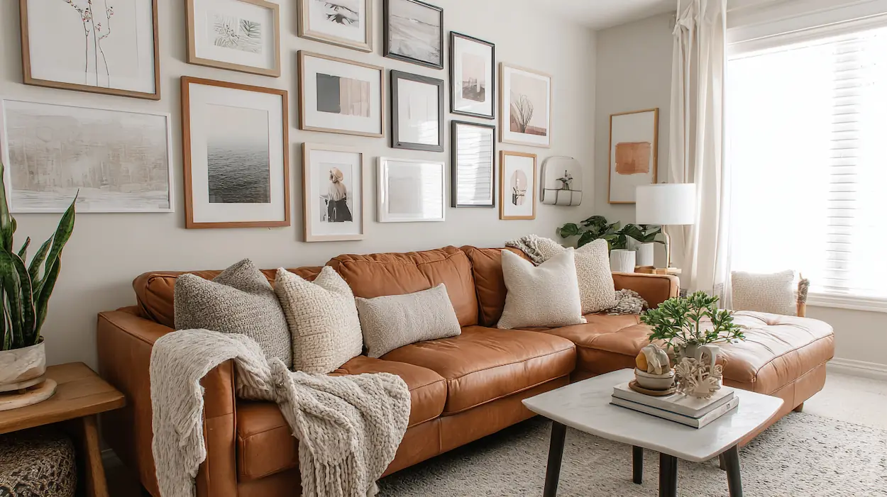 A modern gallery wall decorating a bright and inviting living room.