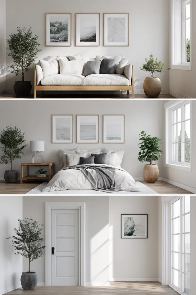 Gallery wall size examples above a couch, bed, and in a hallway.