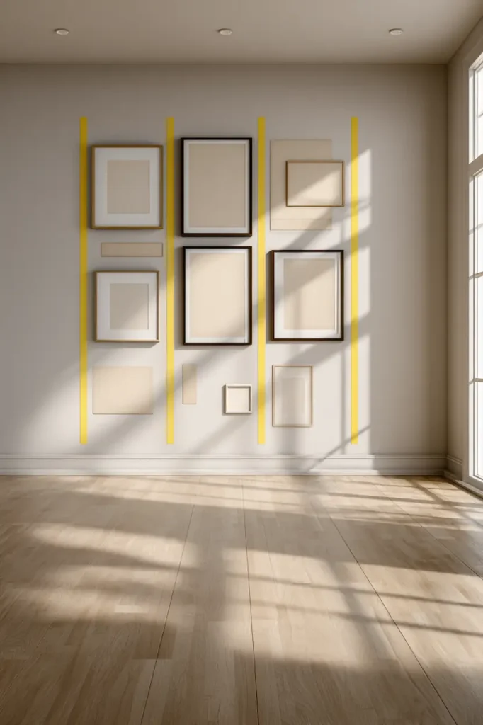 Gallery wall with evenly spaced frames following proper eye-level and spacing rules.