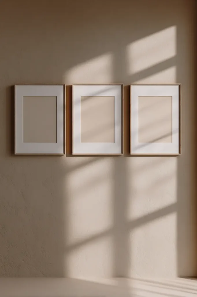 Three posters aligned on a wall, creating a soft rhythm while maintaining visual calm.