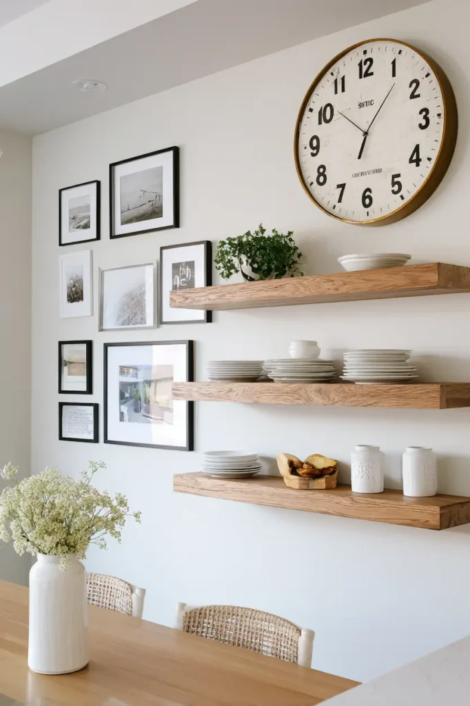 Blank kitchen wall styled with shelves, artwork, and decorative accents.