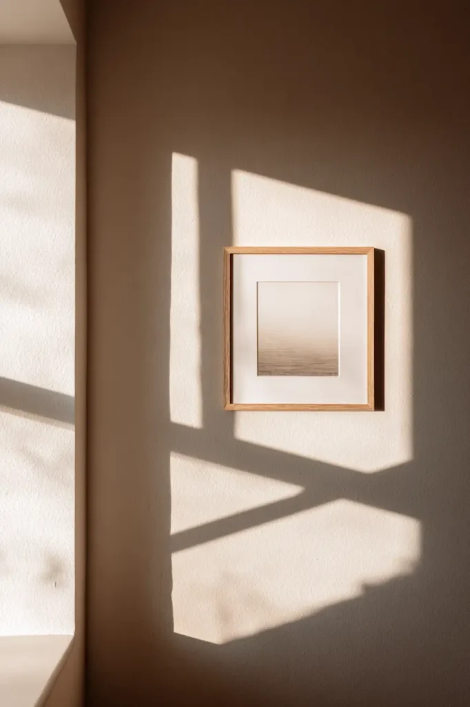 A minimalist wall displaying a single intentional artwork with space around it.