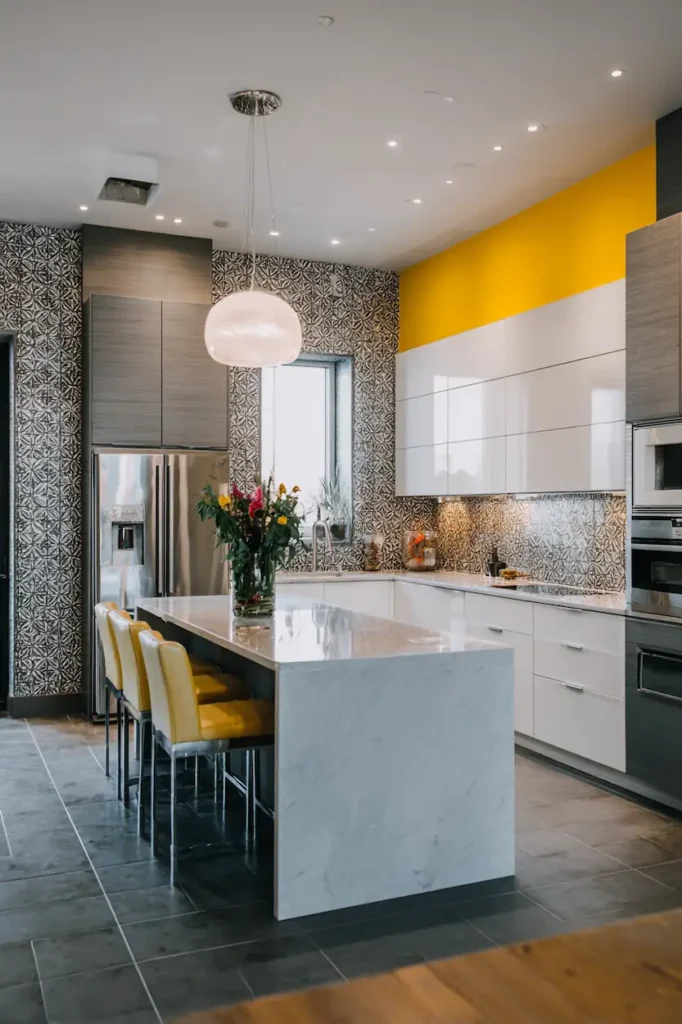 Kitchen accent wall with bold color or textured surface.