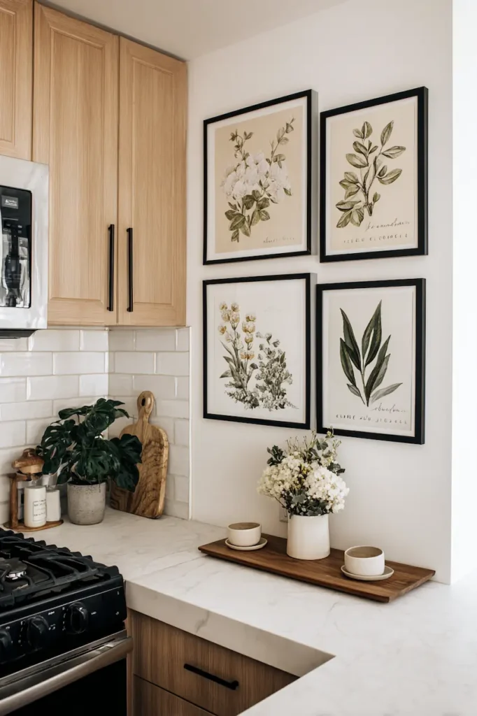 Kitchen wall art featuring framed prints and decorative illustrations.