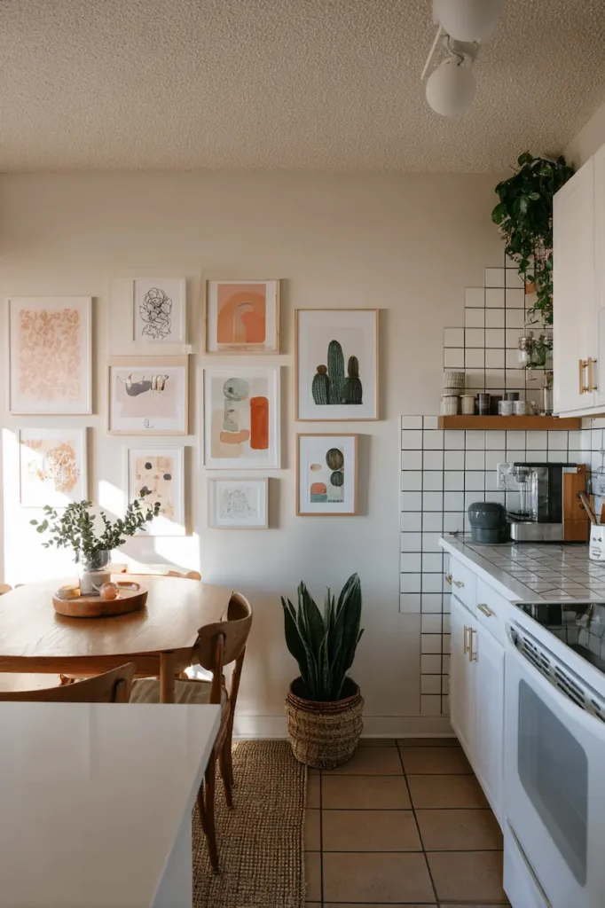 kitchen wall decor for renters using removable strips and lightweight frames