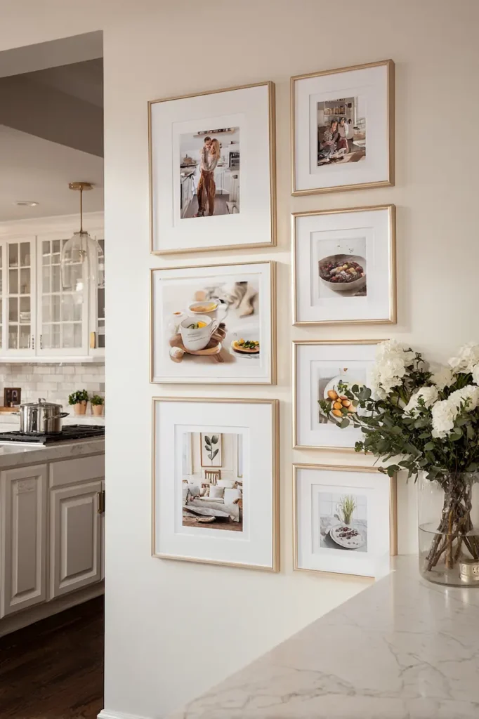 Kitchen wall decorated with framed photos in a cohesive layout.