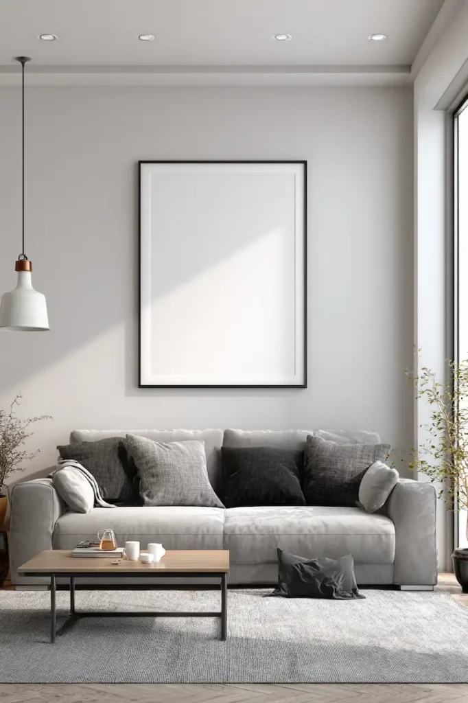 Large blank wall decorated with oversized artwork in a modern living room.