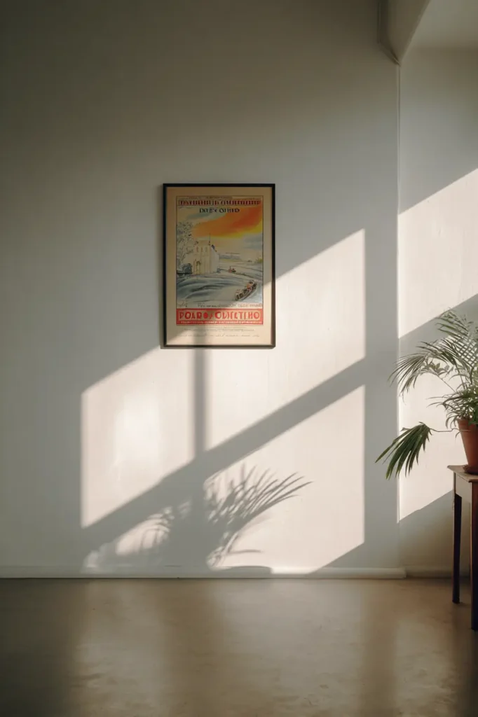 A single vintage poster creating a strong emotional presence on a minimalist wall.