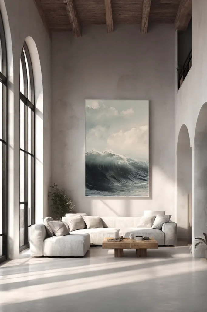 A large poster grounding the room and giving the wall a strong visual identity.