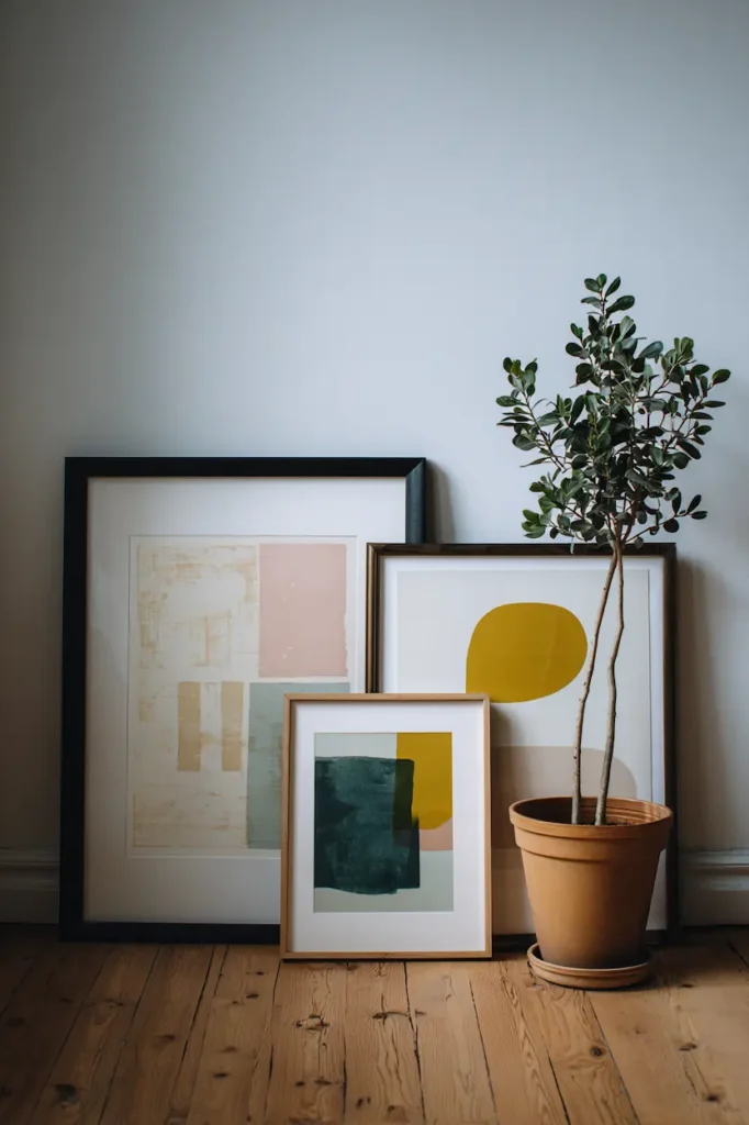 Artwork resting against a wall as part of a thoughtful decorating process.