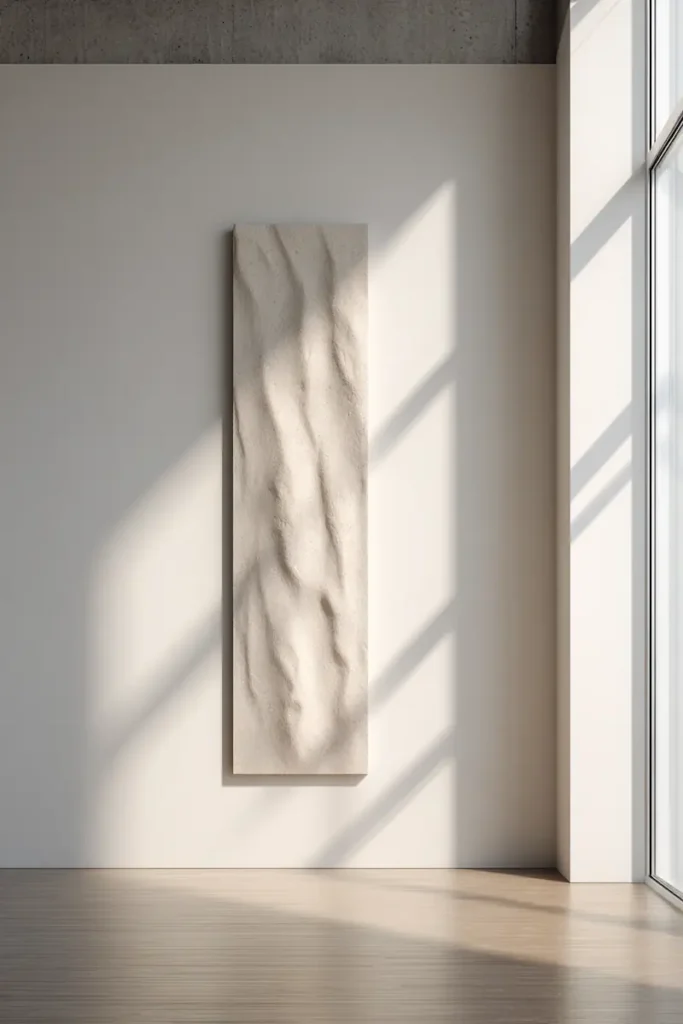 A vertical wall art piece visually elongating a space and creating a sense of calm.