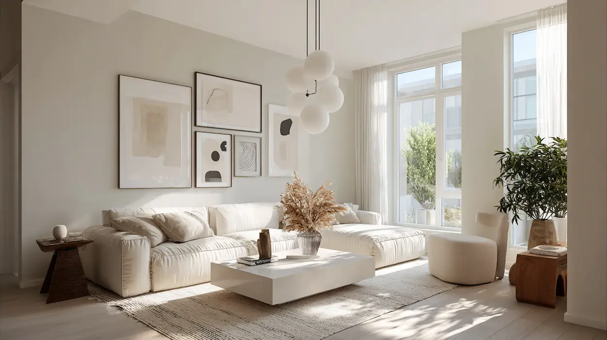 Modern interior showcasing elegant living room wall decor ideas on a large blank wall.