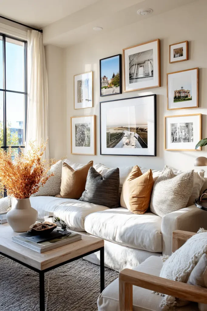 Gallery wall displayed above a sofa in a modern living room.