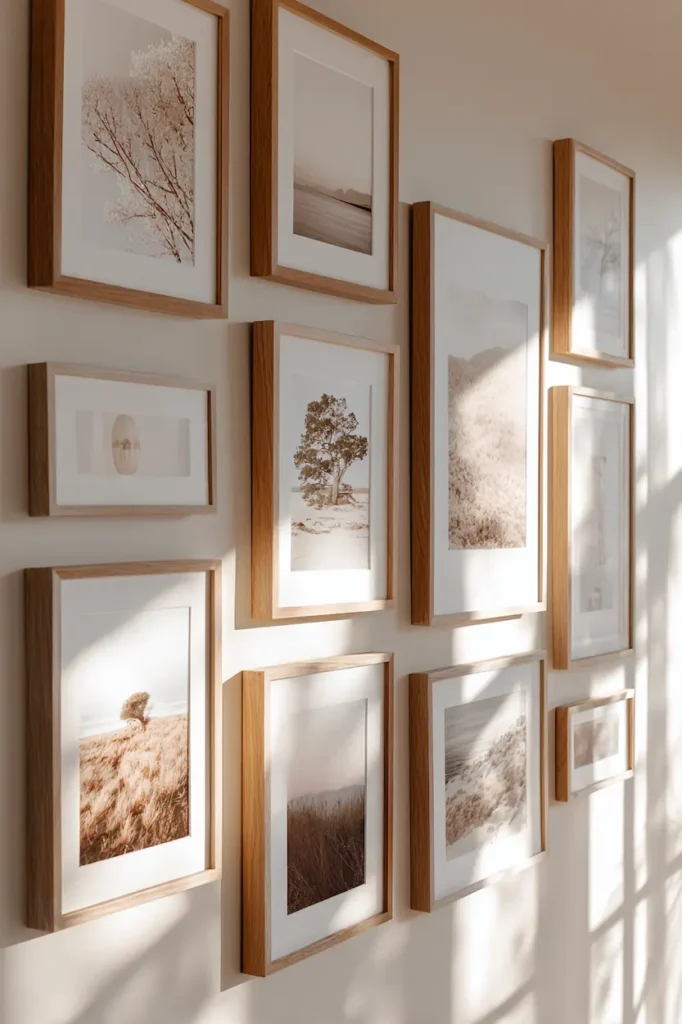 A balanced gallery wall with neutral frames creating a cohesive and intentional visual rhythm.