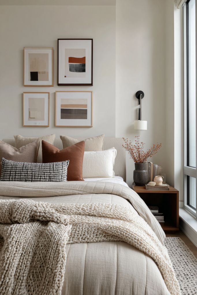 Minimal bedroom wall decor with simple art and a balanced, calming design.