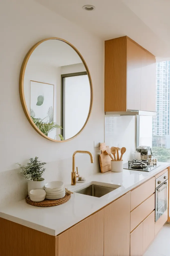 Small kitchen wall with mirror reflecting natural light to enhance space.