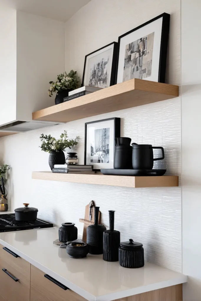 Modern kitchen wall decor with minimalist shelves and framed artwork.