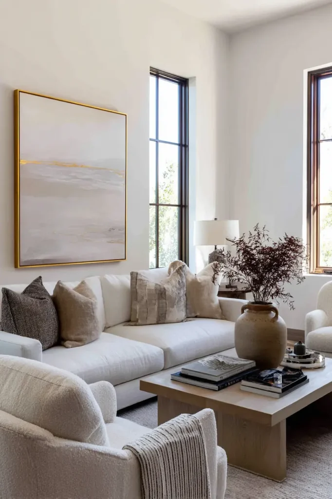 Minimalist modern wall art enhancing a clean living room wall design.