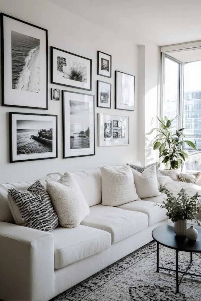 Modern gallery wall with minimalist frames and abstract artwork in a bright living room.