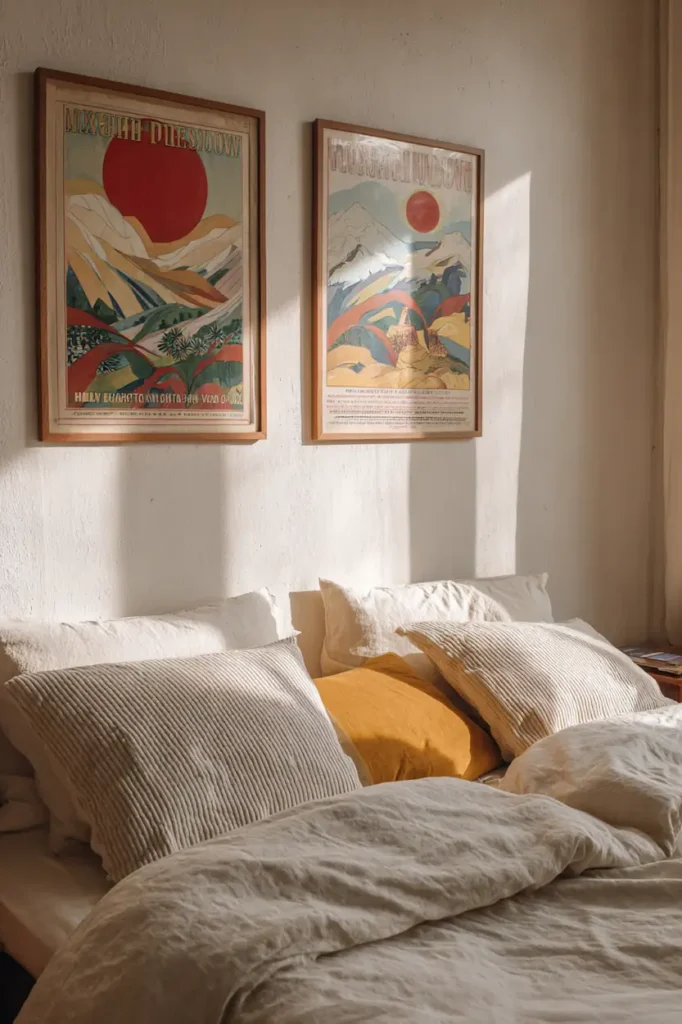 Vintage posters with soft, muted colors allowing the wall to feel light and breathable.