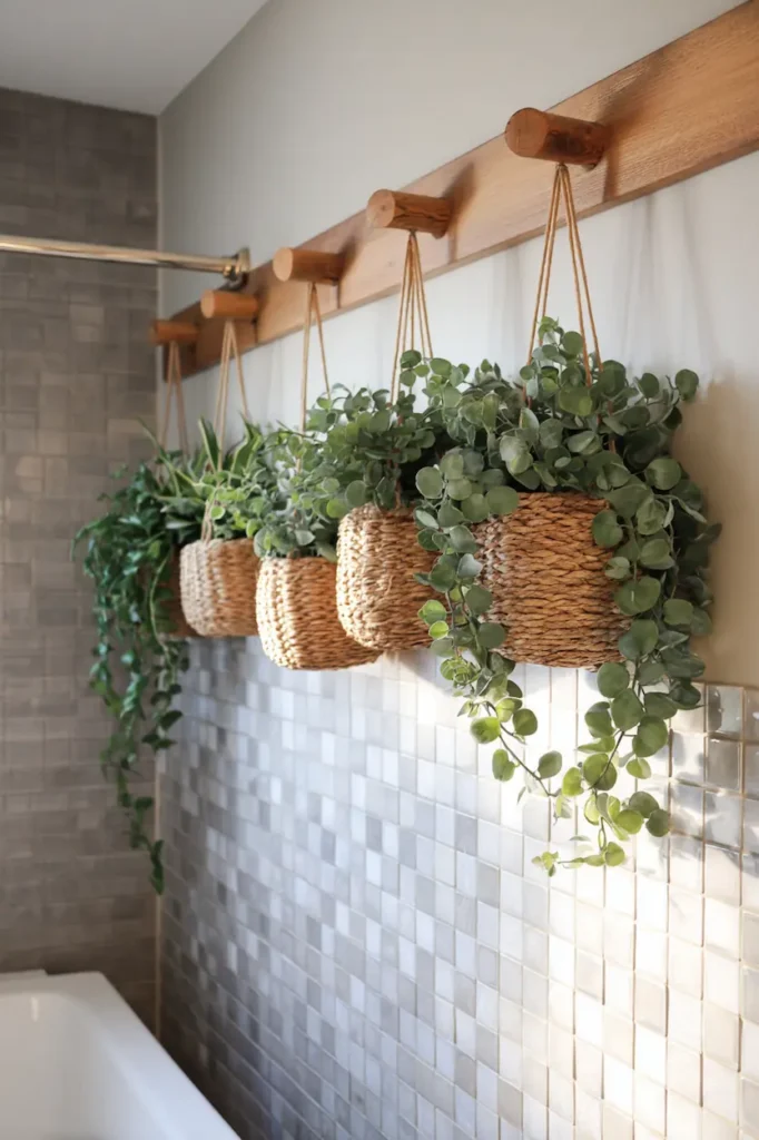 Natural bathroom wall decor ideas with plants.
