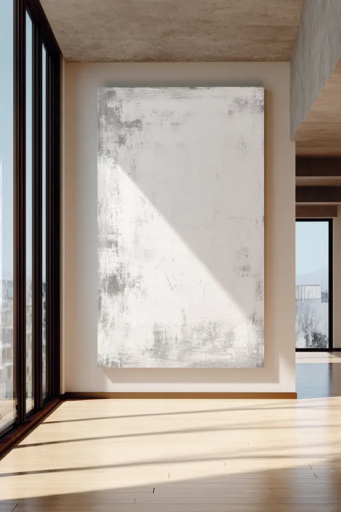 A large statement artwork bringing calm focus to a minimalist interior wall.