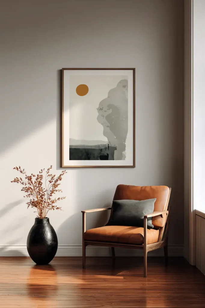 A single poster centered on a wall, acting as a calm visual anchor in a minimalist interior.