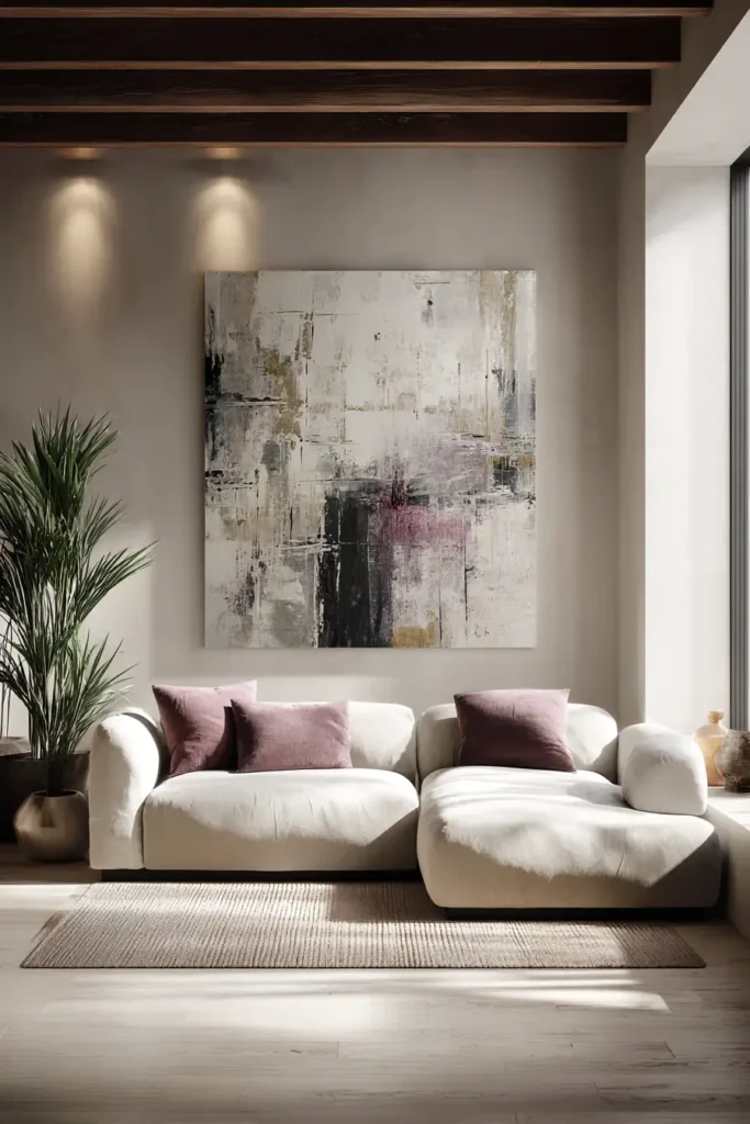 A living room anchored by oversized wall art that gives the space clear visual direction.