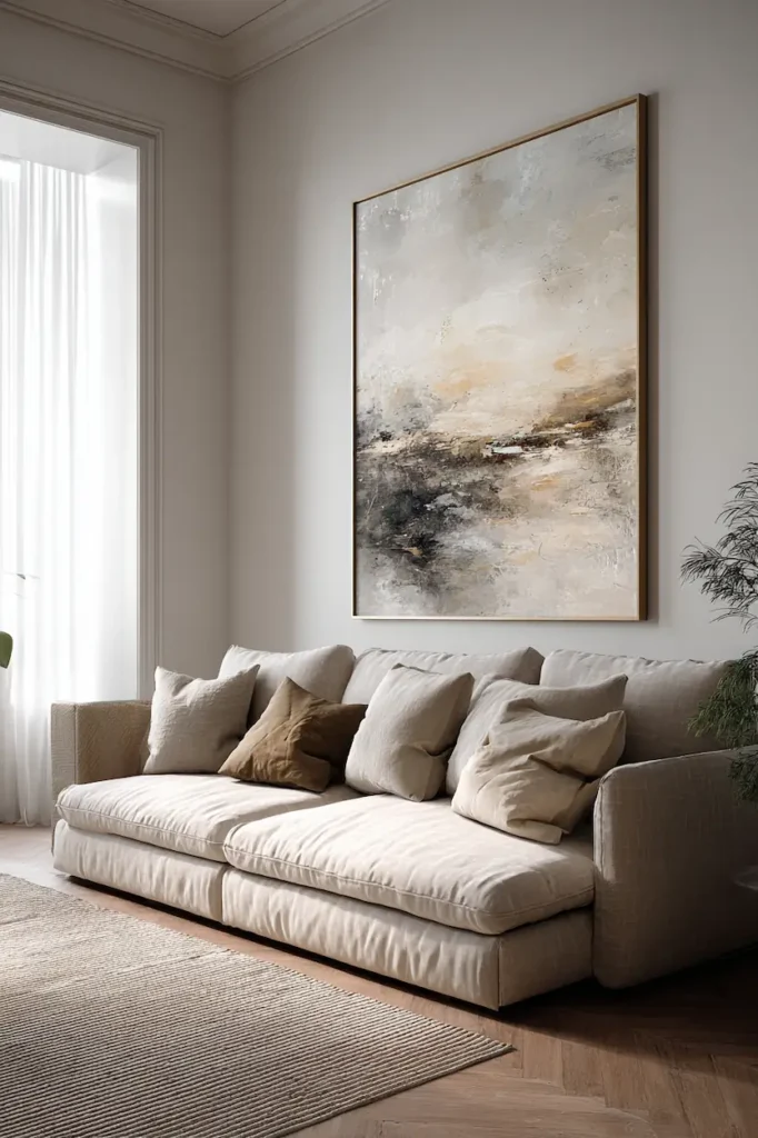 A single large minimalist artwork anchoring a calm living room with neutral colors and soft light.