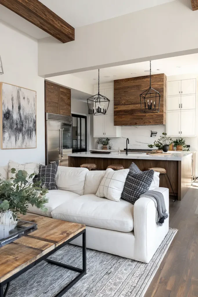Open kitchen wall design connecting seamlessly with living space.