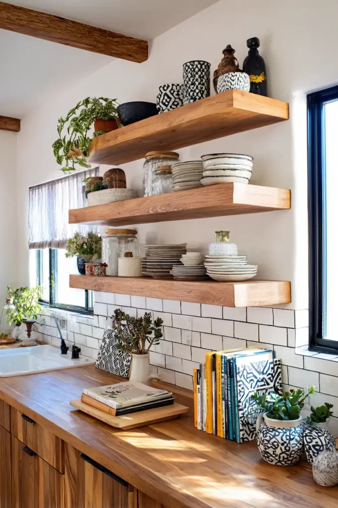 Kitchen wall with open shelves displaying dishes, jars, plants, and cookbooks.