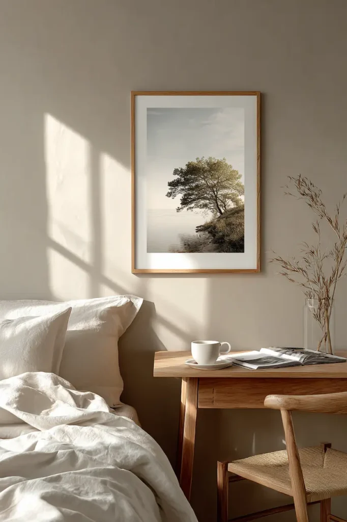 A minimalist wall art print displayed in a bedroom or workspace, adding quiet balance to the space.