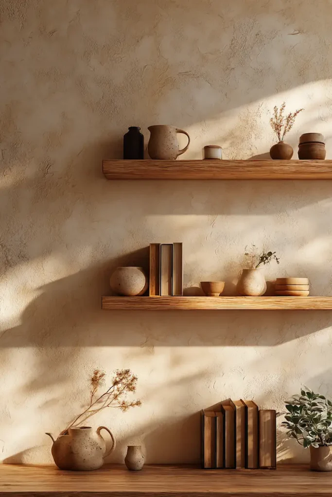 Floating farmhouse shelves styled with simple objects that create a calm and peaceful wall moment.