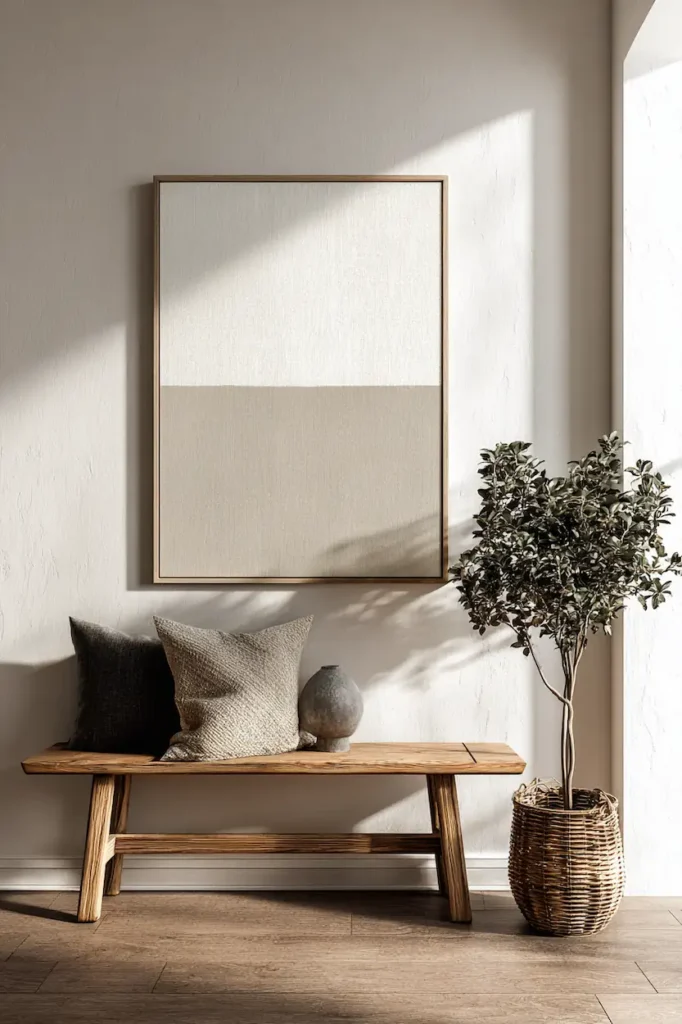 A large minimalist art print on a wide neutral wall, emphasizing scale and simplicity in a calm interior.