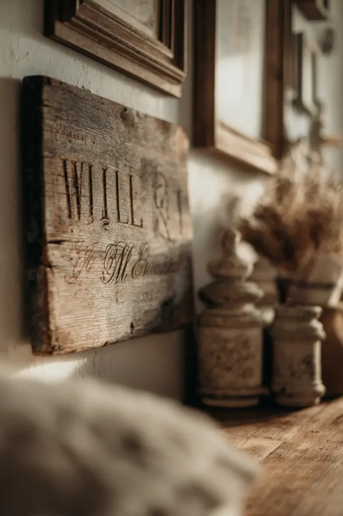 A farmhouse wall decorated with a subtle vintage sign that adds warmth without overpowering the space.