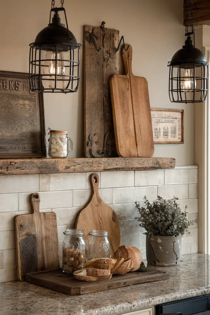 Rustic kitchen wall decor with wood accents, vintage elements, and warm textures.