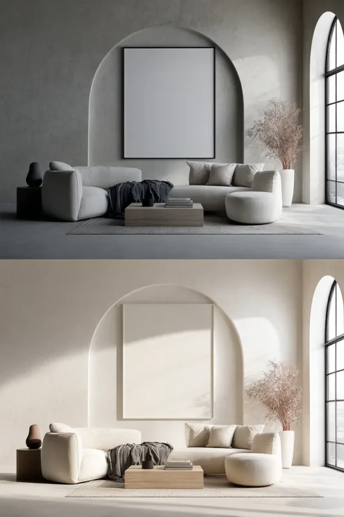 A visual comparison showing how poster size alone transforms the atmosphere of a room.
