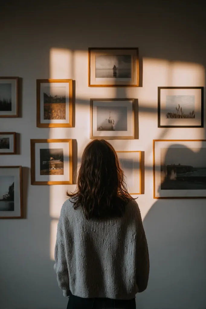 A person observing a gallery wall in soft natural light.