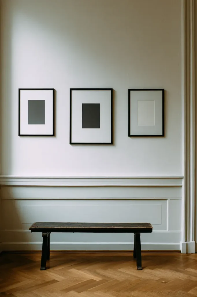 A minimal interior wall with a simple poster arrangement creating a quiet, intentional presence.