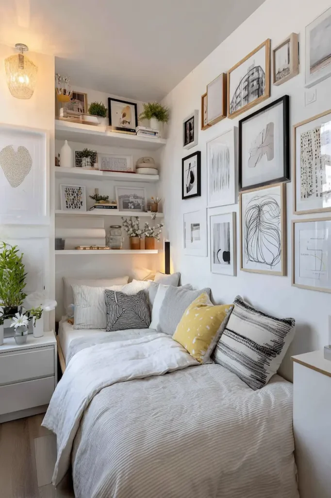 Small bedroom wall decor using vertical art and light tones to maximize space.