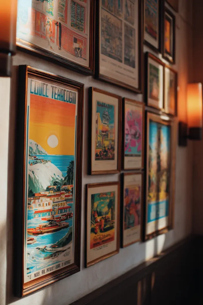 Vintage posters on a wall create a warmer and more inviting feeling than modern prints.
