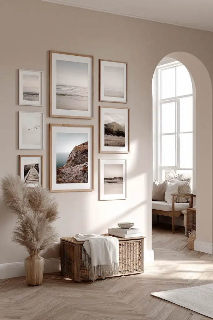 A poster wall in soft neutral tones that creates a timeless and serene atmosphere.