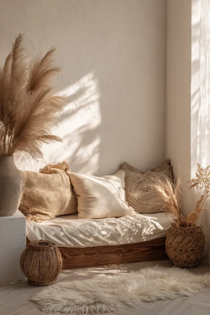 A warm boho wall that instantly makes the room feel calmer and more inviting.