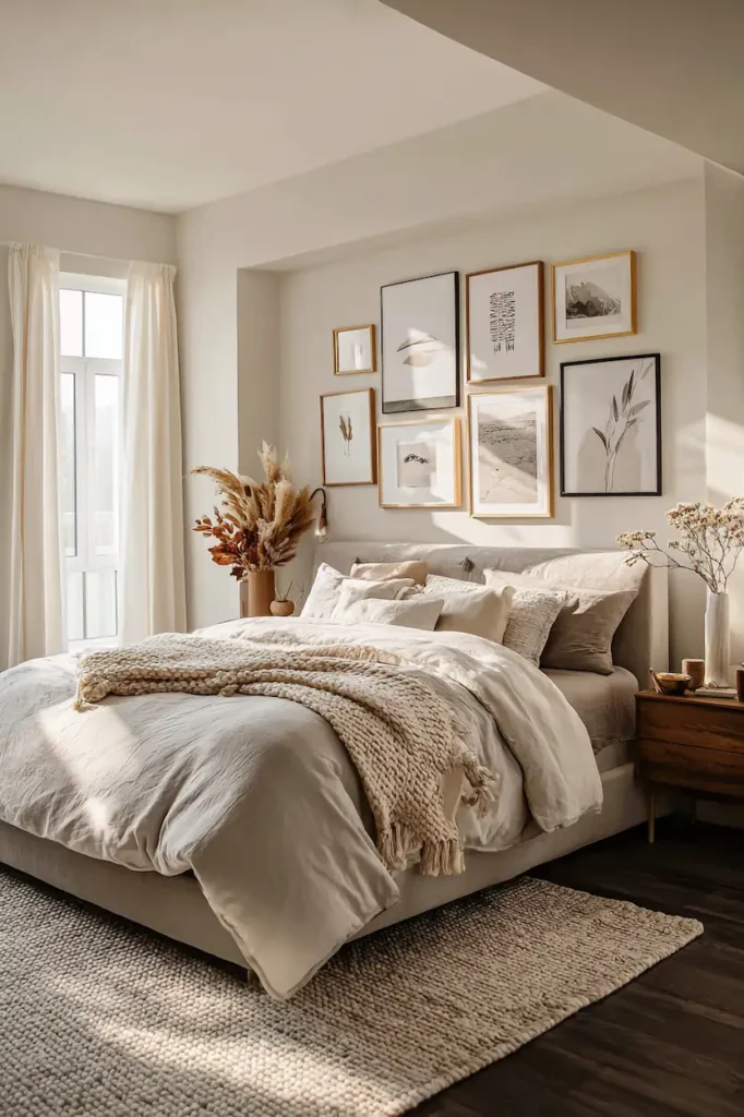 Bedroom wall decor ideas featuring framed art and textures behind the bed as a focal point.