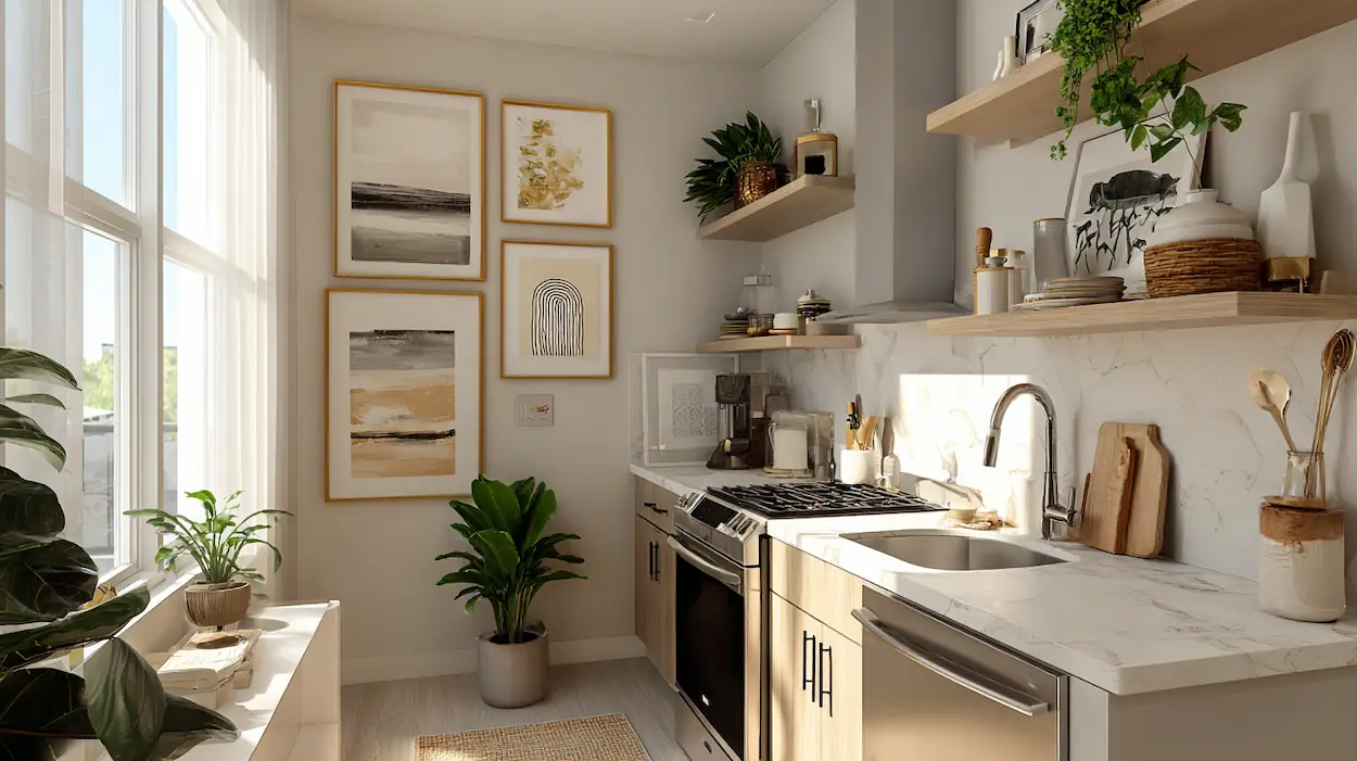 Modern kitchen wall decor ideas with shelves, art, and plants.