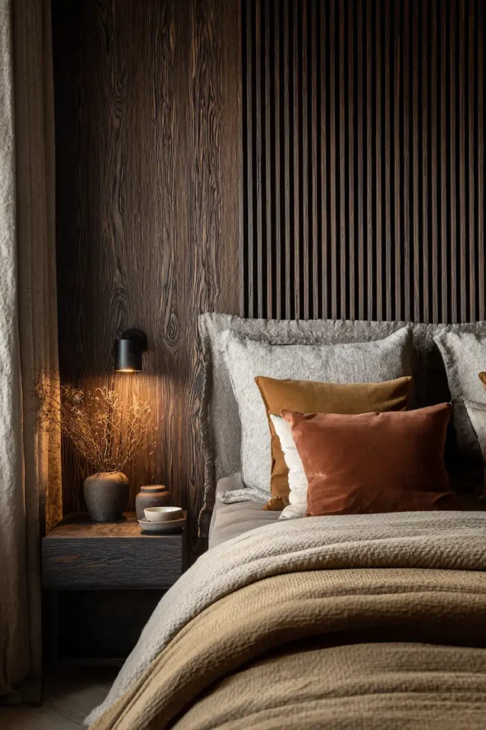 Bedroom wall decor featuring wood and fabric textures for a warm and modern look.