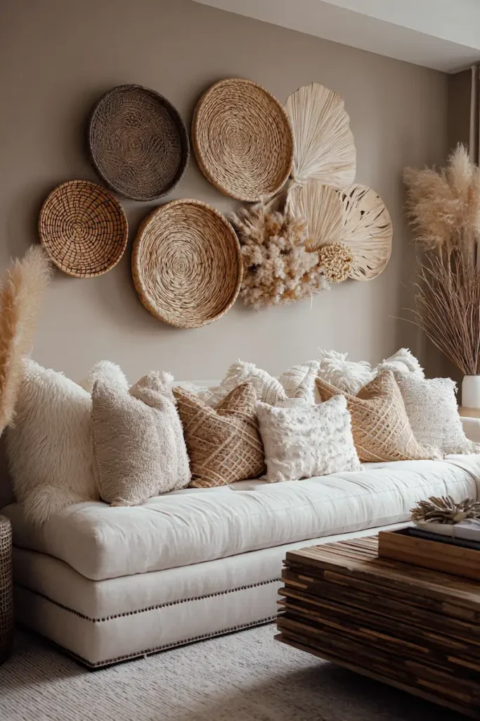 A warm boho wall showcasing natural textures that add depth and softness to the space.